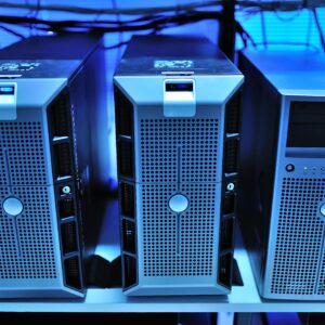 Close-up view of modern rack-mounted server units in a data center.